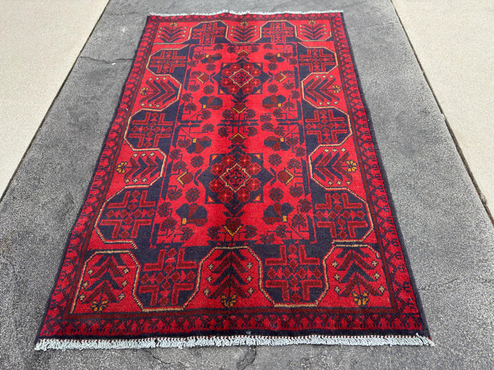 3x4 (91x121) Handmade Afghan Rug | Crimson Scarlet Blood Red Midnight Blue Cream Orange | Wool Khal Mohammadi Traditional Floral