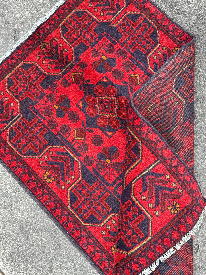 3x4 (91x121) Handmade Afghan Rug | Crimson Scarlet Blood Red Midnight Blue Cream Orange | Wool Khal Mohammadi Traditional Floral