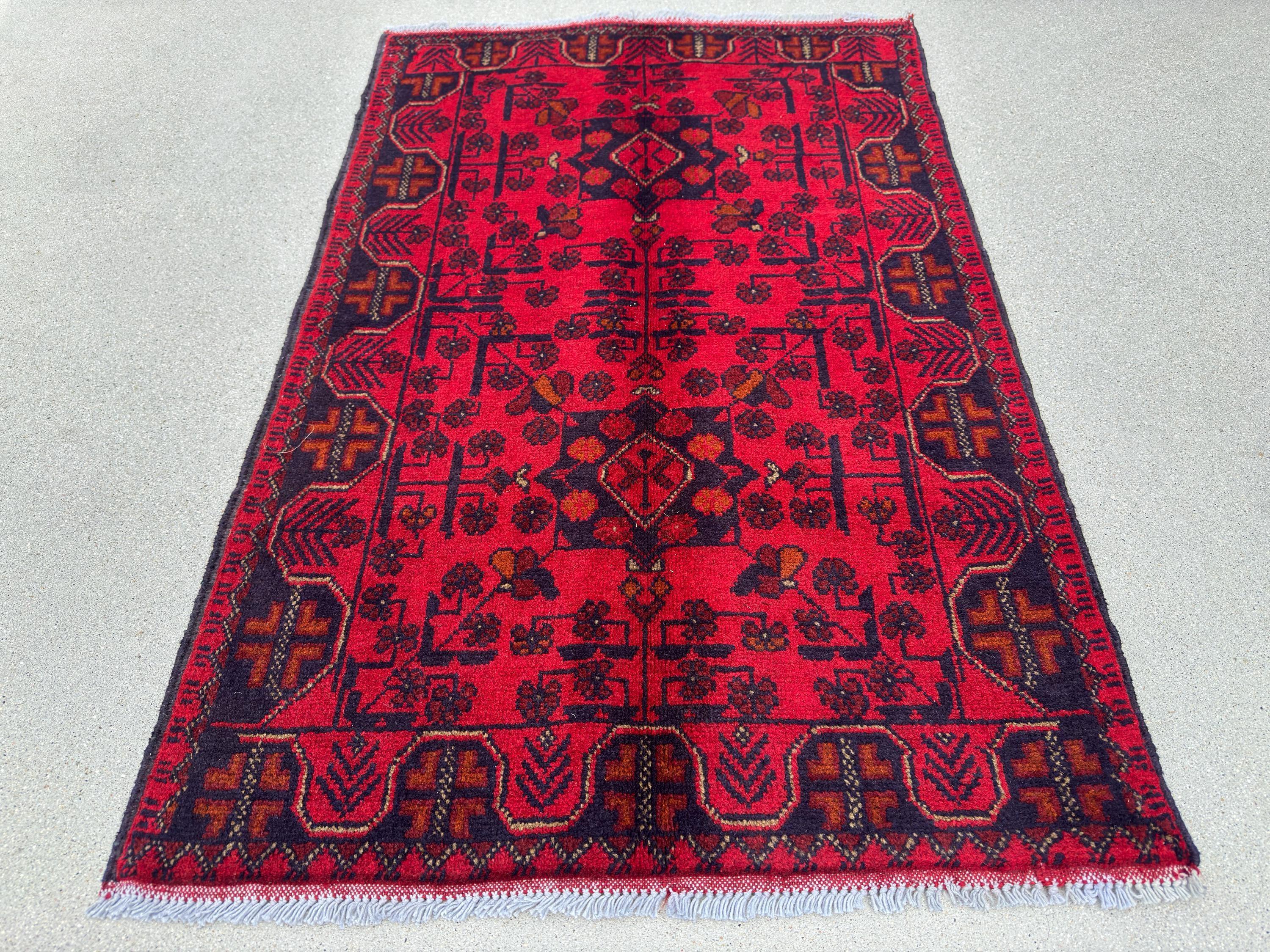 3x4 (91x121) Handmade Afghan Baluch Rug | Crimson Scarlet Blood Red Midnight Blue Orange Cream White | Wool Khal Mohammadi Floral