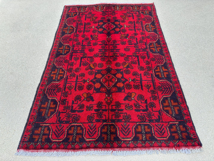 3x4 (91x121) Handmade Afghan Baluch Rug | Crimson Scarlet Blood Red Midnight Blue Orange Cream White | Wool Khal Mohammadi Floral