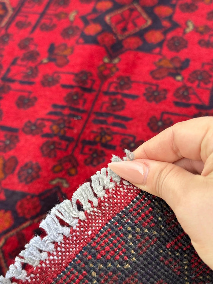 3x4 (91x121) Handmade Afghan Baluch Rug | Crimson Scarlet Blood Red Midnight Blue Orange Cream White | Wool Khal Mohammadi Floral