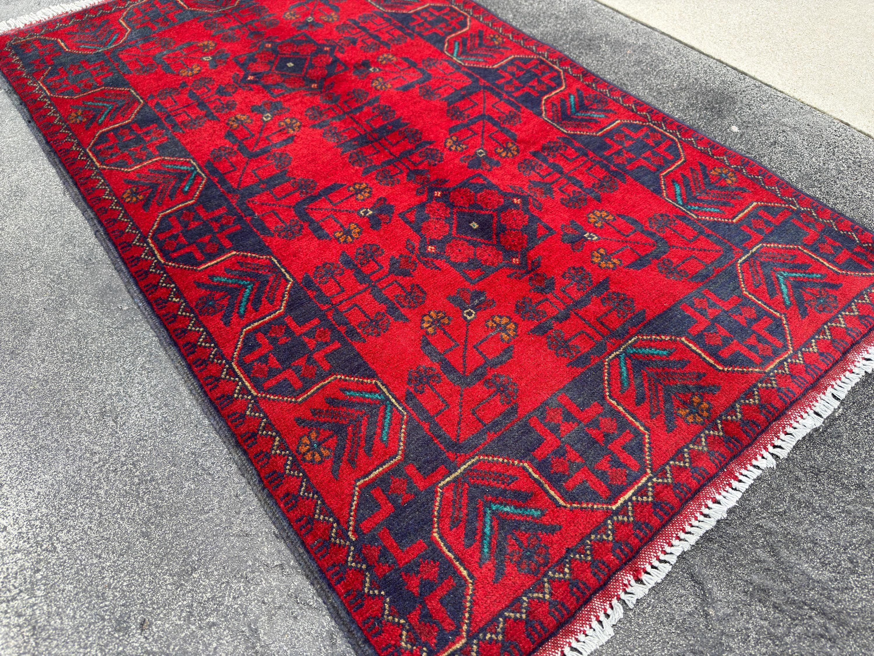3x4 (91x121) Handmade Afghan Rug | Crimson Scarlet Blood Red Midnight Denim Aqua Blue Orange Cream | Wool Khal Mohammadi Floral
