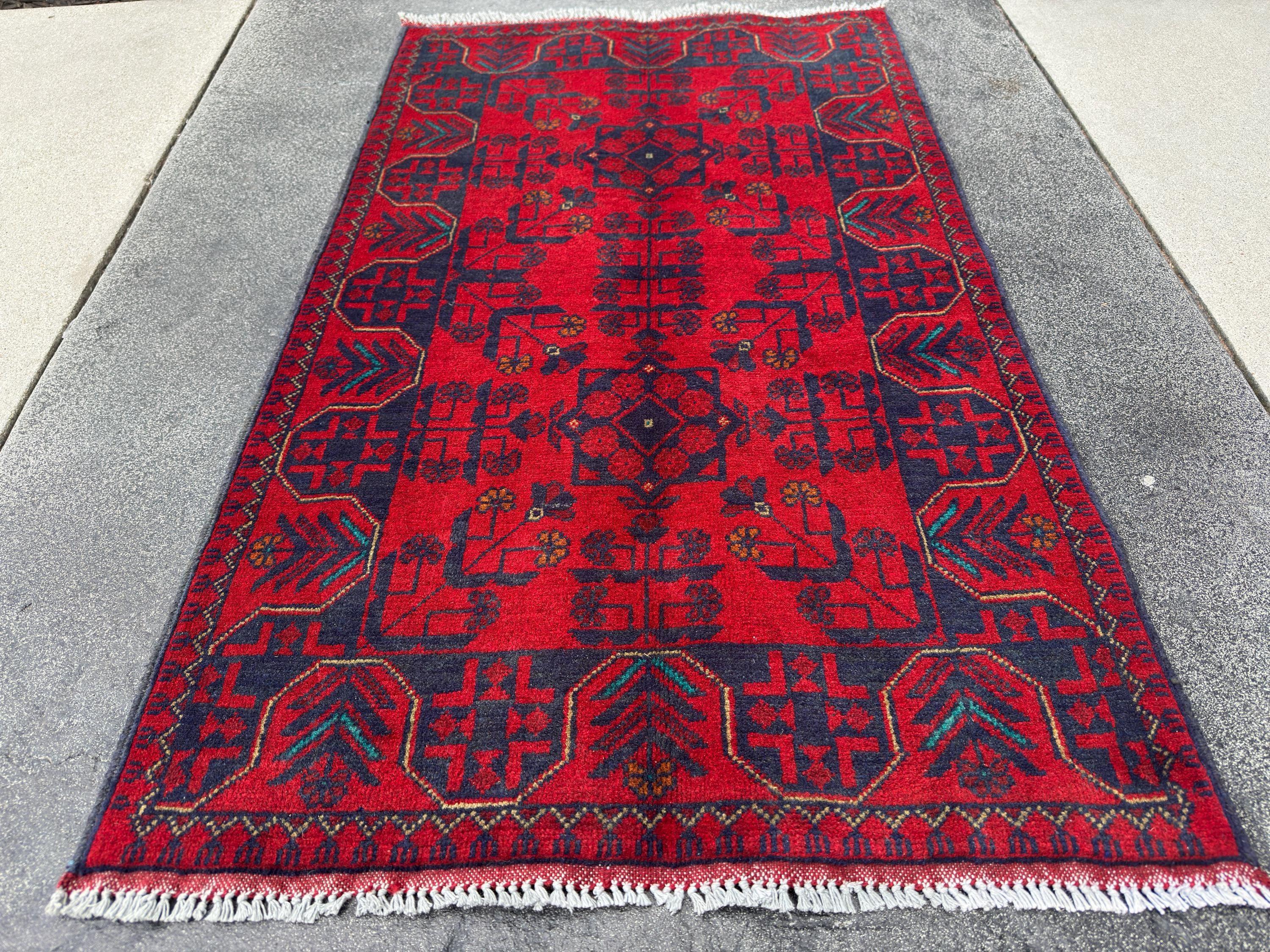 3x4 (91x121) Handmade Afghan Rug | Crimson Scarlet Blood Red Midnight Denim Aqua Blue Orange Cream | Wool Khal Mohammadi Floral