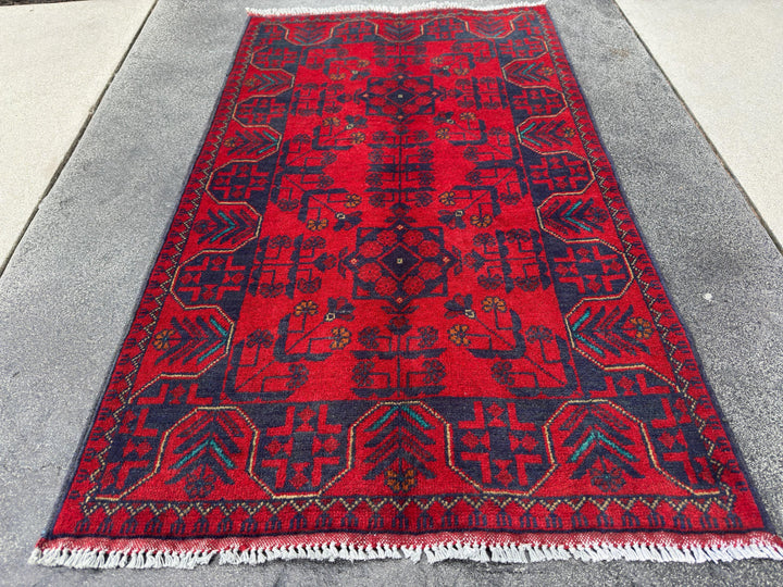 3x4 (91x121) Handmade Afghan Rug | Crimson Scarlet Blood Red Midnight Denim Aqua Blue Orange Cream | Wool Khal Mohammadi Floral