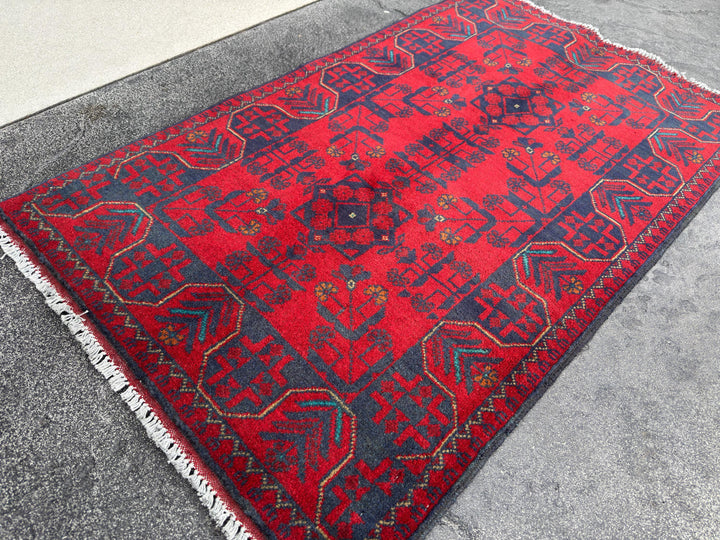 3x4 (91x121) Handmade Afghan Rug | Crimson Scarlet Blood Red Midnight Denim Aqua Blue Orange Cream | Wool Khal Mohammadi Floral
