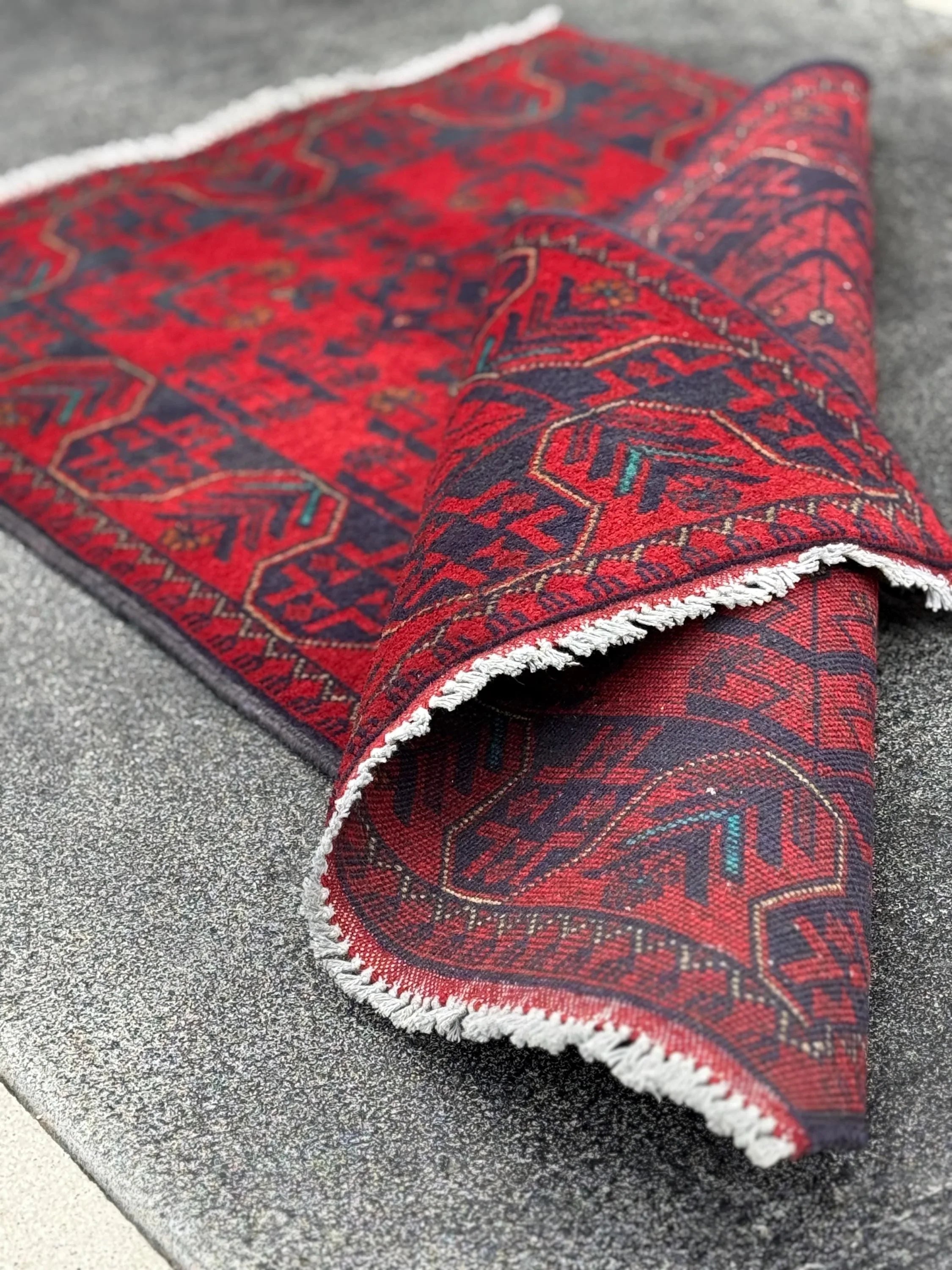 3x4 (91x121) Handmade Afghan Rug | Crimson Scarlet Blood Red Midnight Denim Aqua Blue Orange Cream | Wool Khal Mohammadi Floral