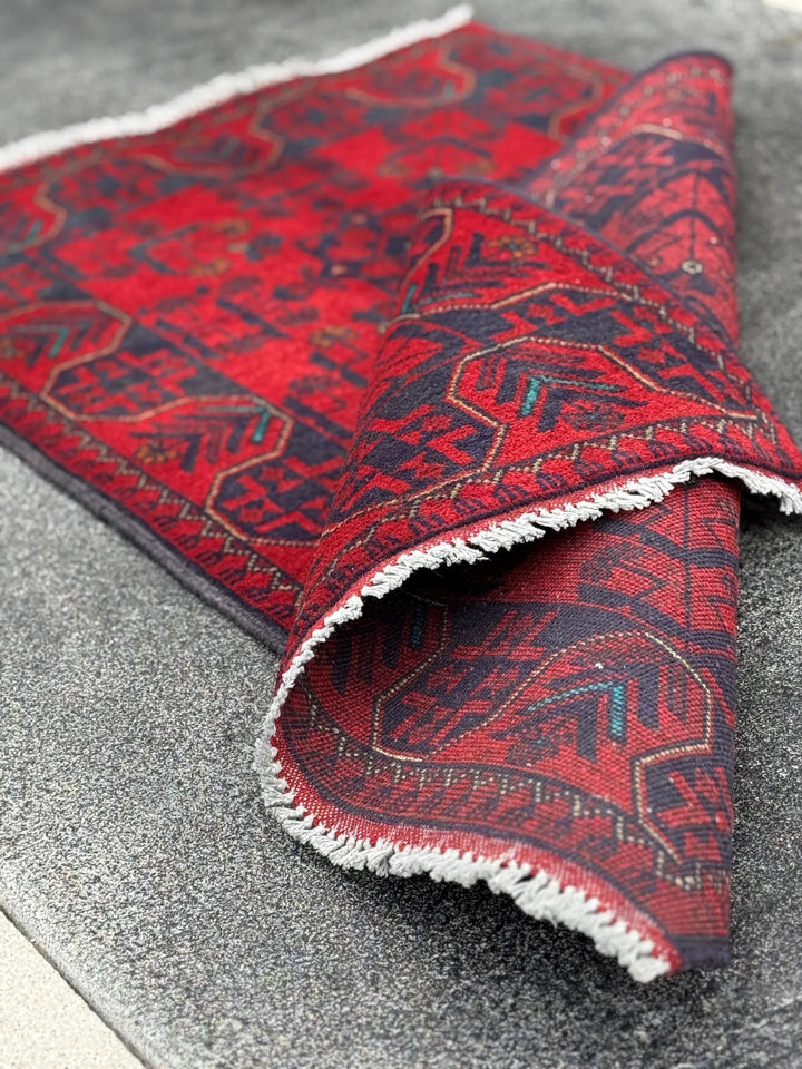 3x4 (91x121) Handmade Afghan Rug | Crimson Scarlet Blood Red Midnight Denim Aqua Blue Orange Cream | Wool Khal Mohammadi Floral