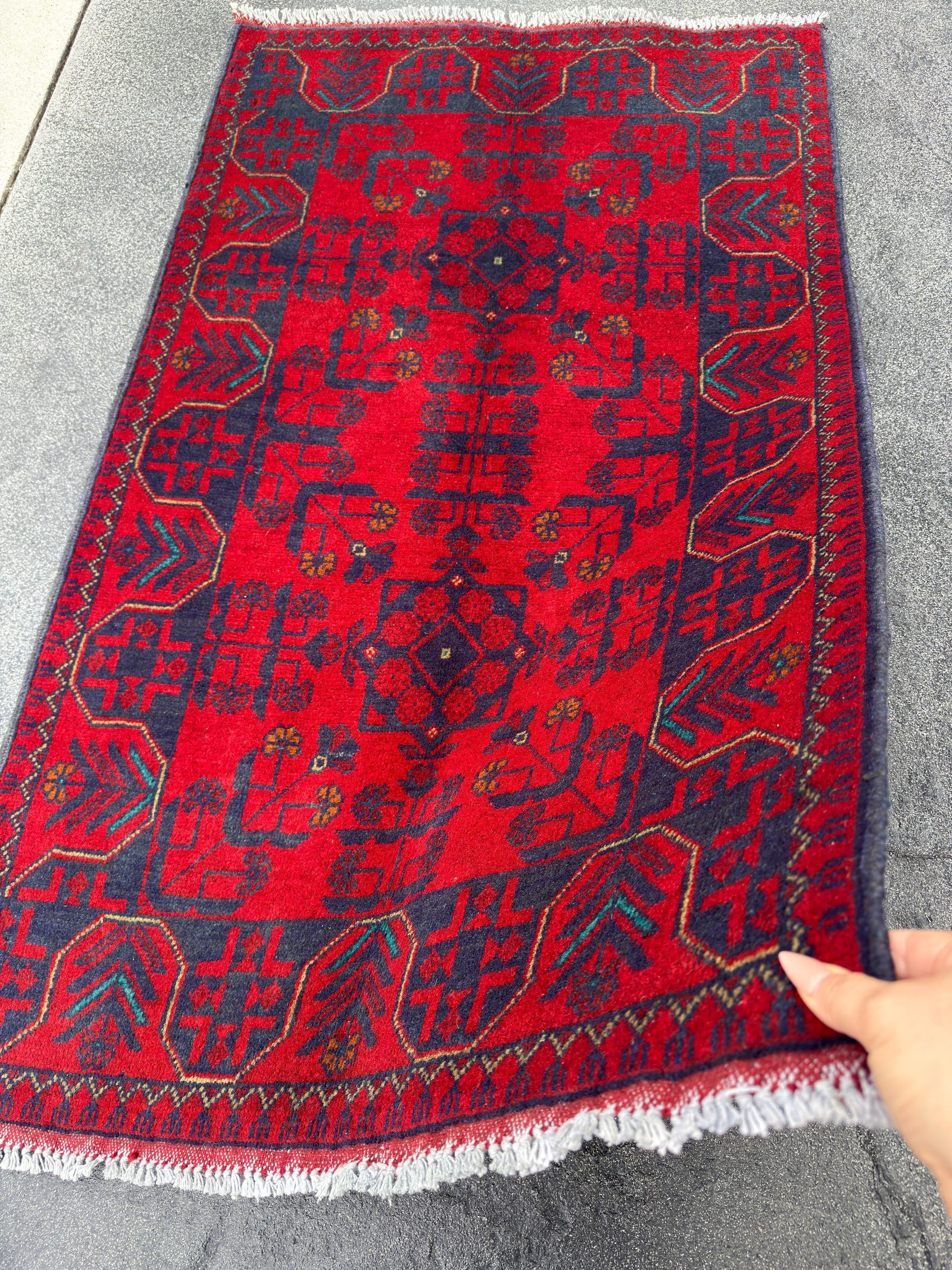 3x4 (91x121) Handmade Afghan Rug | Crimson Scarlet Blood Red Midnight Denim Aqua Blue Orange Cream | Wool Khal Mohammadi Floral