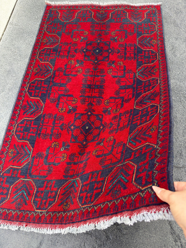 3x4 (91x121) Handmade Afghan Rug | Crimson Scarlet Blood Red Midnight Denim Aqua Blue Orange Cream | Wool Khal Mohammadi Floral