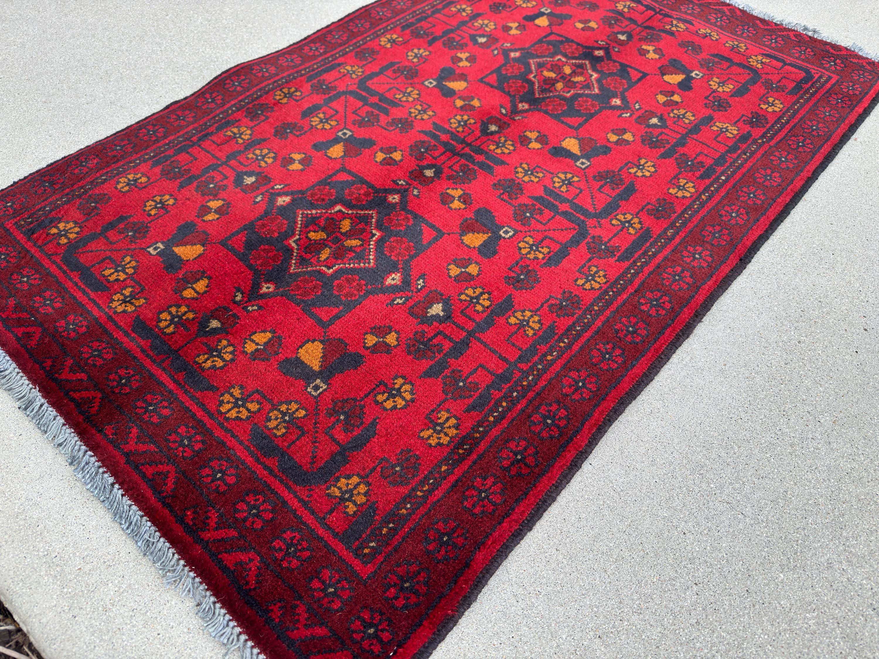 2-3x4 (91x121) Handmade Afghan Rug | Crimson Scarlet Blood Red Midnight Blue Black Cream Orange | Wool Khal Mohammadi Traditional