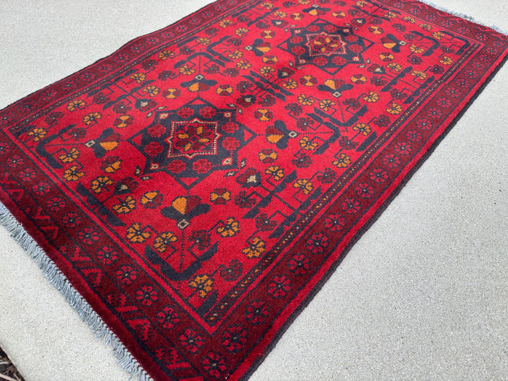 2-3x4 (91x121) Handmade Afghan Rug | Crimson Scarlet Blood Red Midnight Blue Black Cream Orange | Wool Khal Mohammadi Traditional