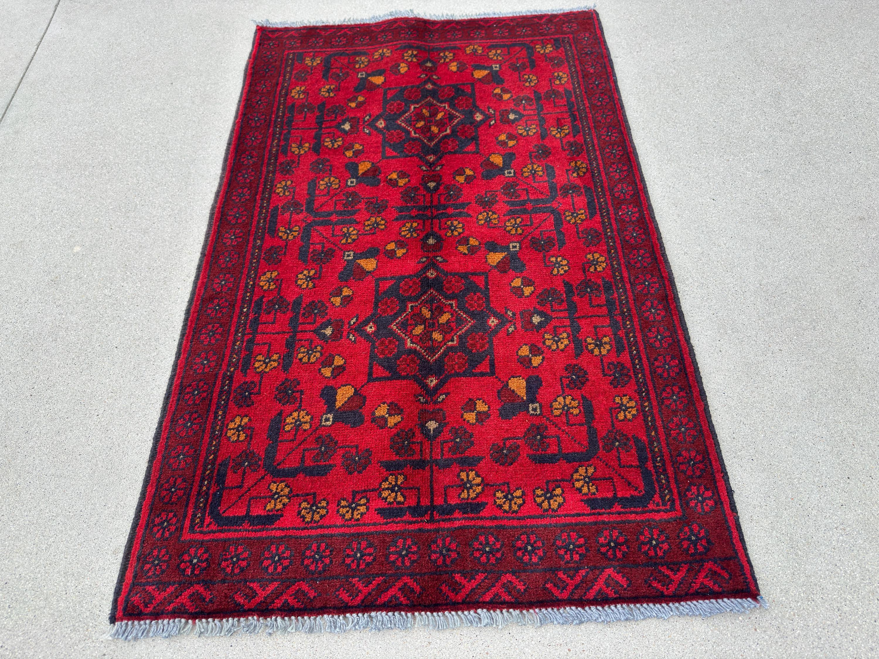 2-3x4 (91x121) Handmade Afghan Rug | Crimson Scarlet Blood Red Midnight Blue Black Cream Orange | Wool Khal Mohammadi Traditional