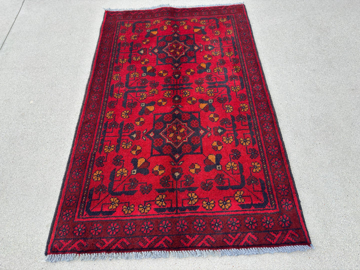 2-3x4 (91x121) Handmade Afghan Rug | Crimson Scarlet Blood Red Midnight Blue Black Cream Orange | Wool Khal Mohammadi Traditional