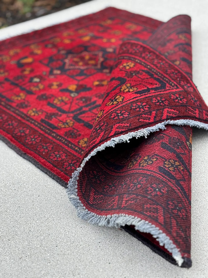 2-3x4 (91x121) Handmade Afghan Rug | Crimson Scarlet Blood Red Midnight Blue Black Cream Orange | Wool Khal Mohammadi Traditional