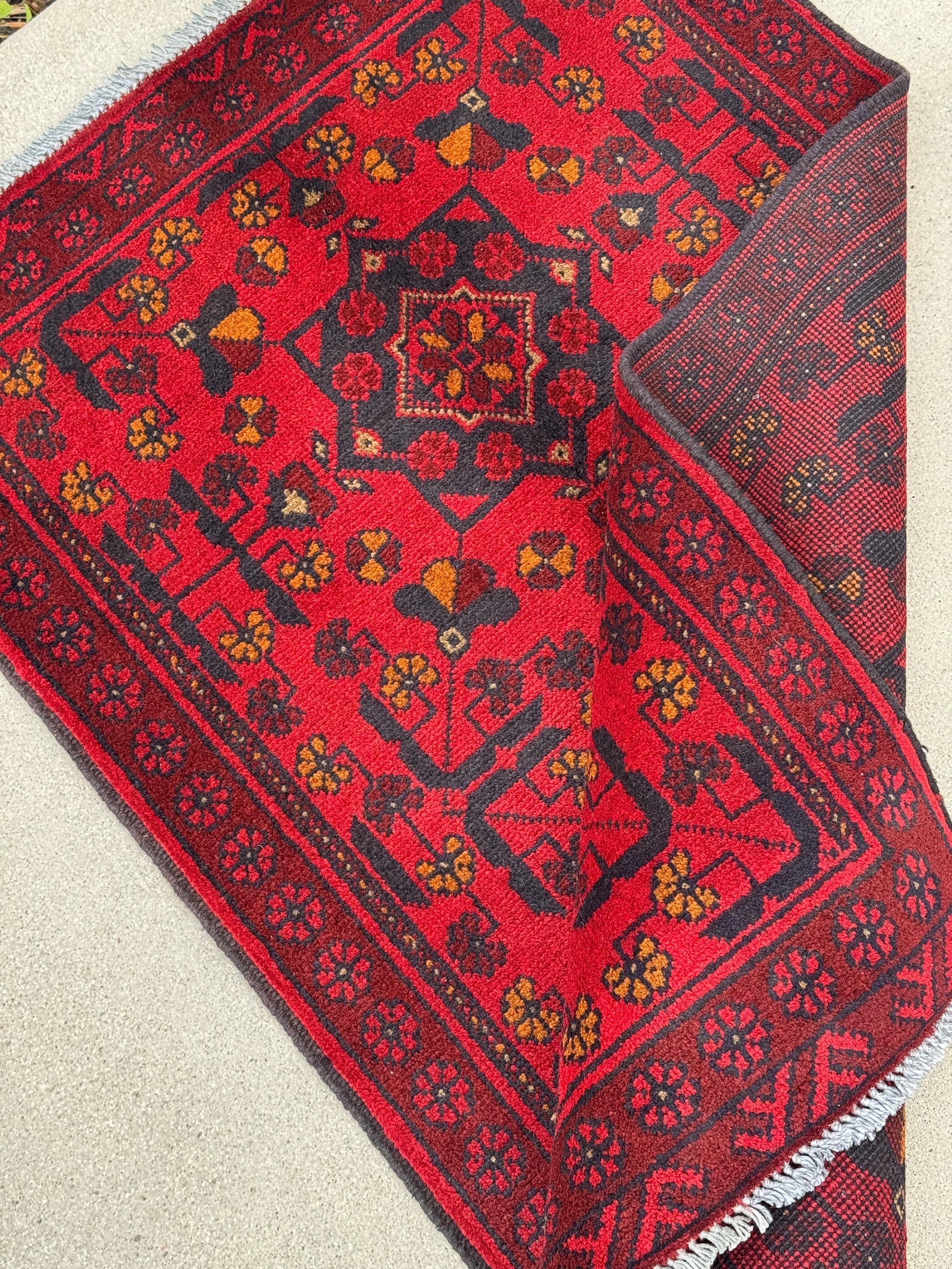 2-3x4 (91x121) Handmade Afghan Rug | Crimson Scarlet Blood Red Midnight Blue Black Cream Orange | Wool Khal Mohammadi Traditional