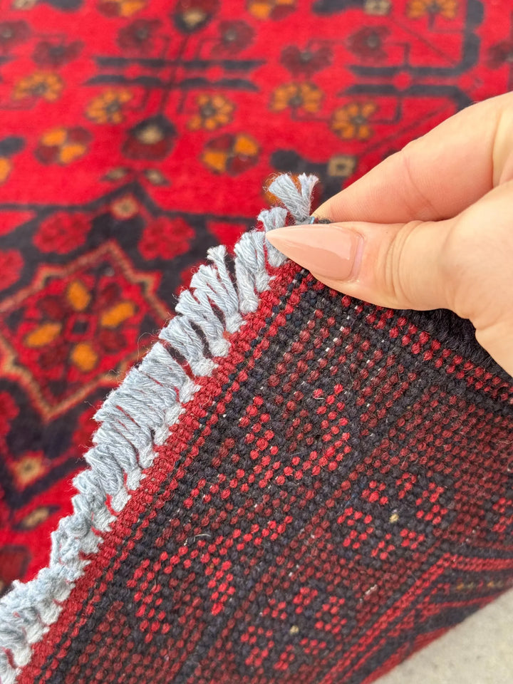 2-3x4 (91x121) Handmade Afghan Rug | Crimson Scarlet Blood Red Midnight Blue Black Cream Orange | Wool Khal Mohammadi Traditional