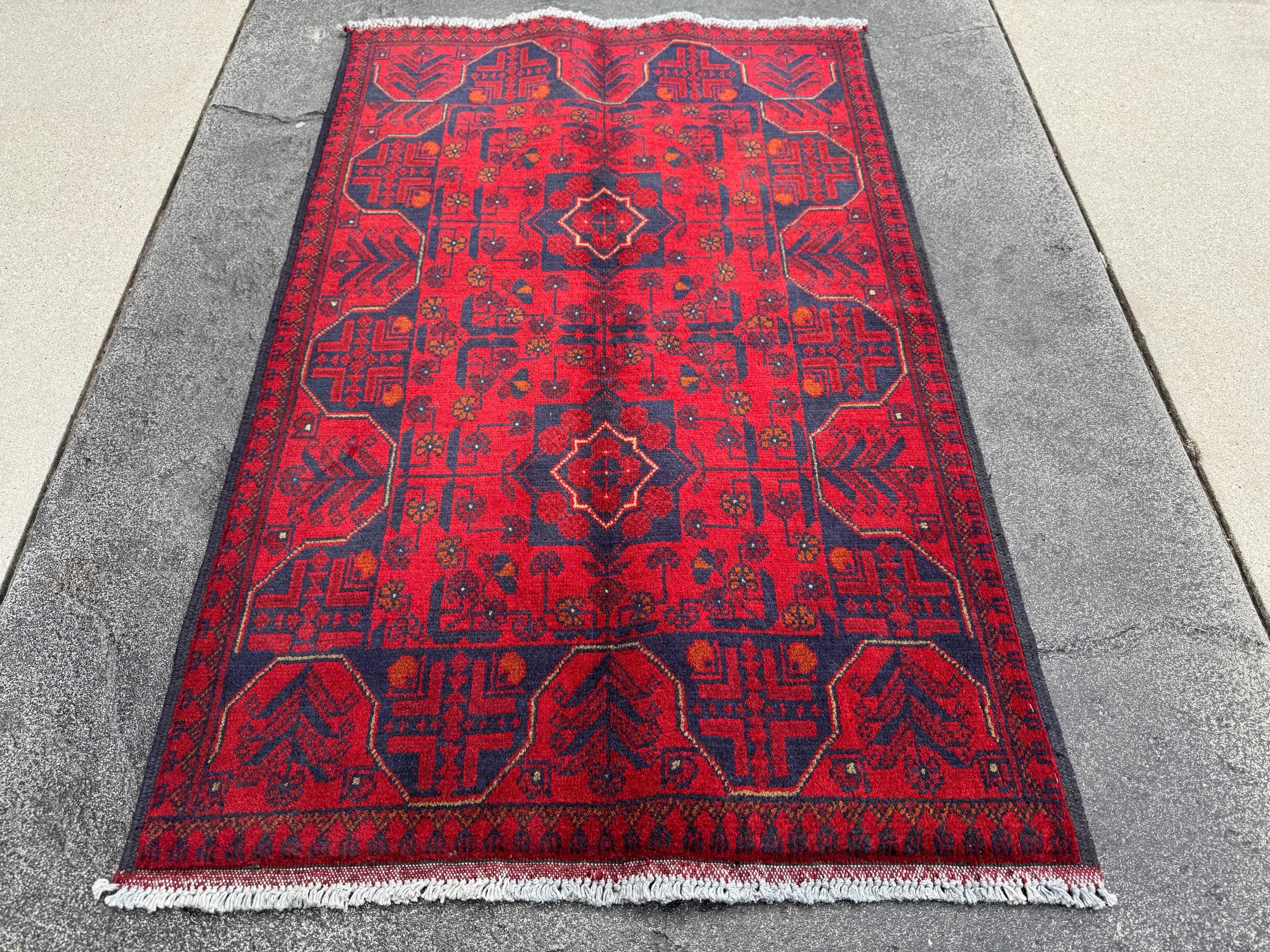 3x4 (91x121) Handmade Afghan Rug | Crimson Scarlet Blood Red Midnight Blue Cream Orange White | Wool Khal Mohammadi Traditional