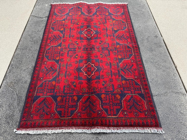 3x4 (91x121) Handmade Afghan Rug | Crimson Scarlet Blood Red Midnight Blue Cream Orange White | Wool Khal Mohammadi Traditional