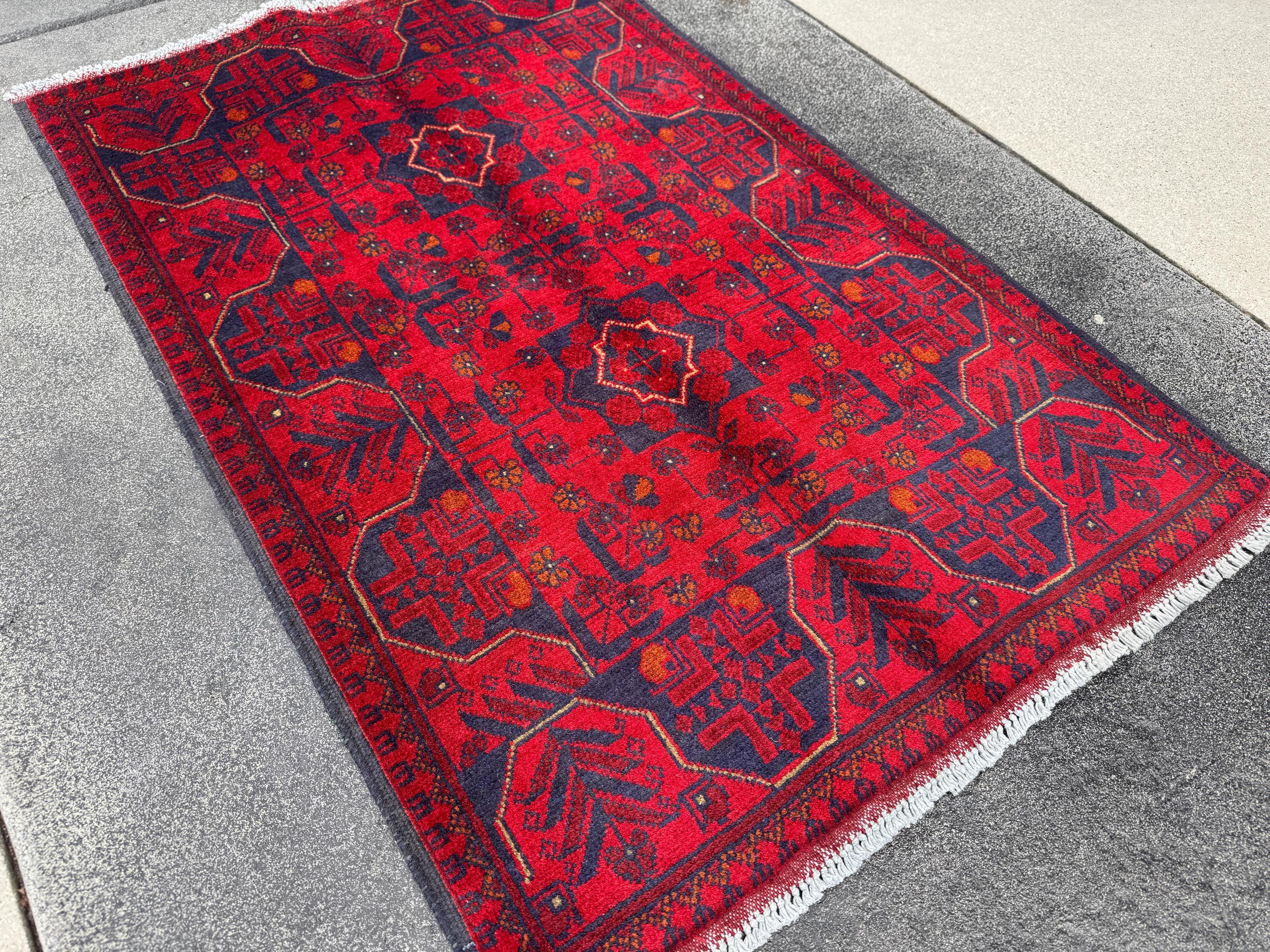 3x4 (91x121) Handmade Afghan Rug | Crimson Scarlet Blood Red Midnight Blue Cream Orange White | Wool Khal Mohammadi Traditional