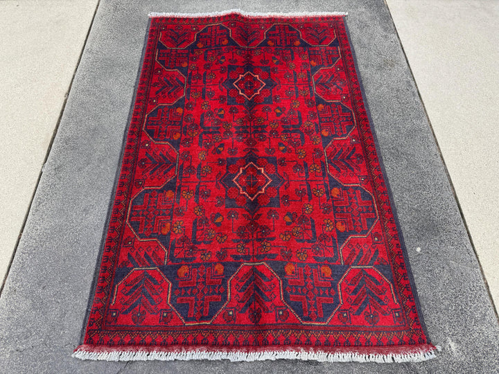 3x4 (91x121) Handmade Afghan Rug | Crimson Scarlet Blood Red Midnight Blue Cream Orange White | Wool Khal Mohammadi Traditional