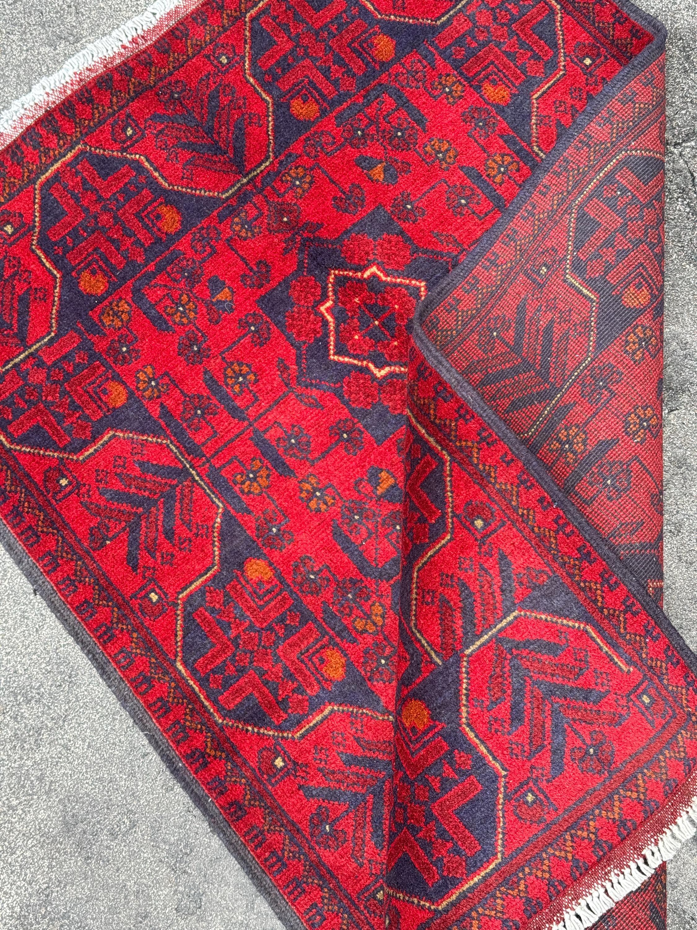 3x4 (91x121) Handmade Afghan Rug | Crimson Scarlet Blood Red Midnight Blue Cream Orange White | Wool Khal Mohammadi Traditional