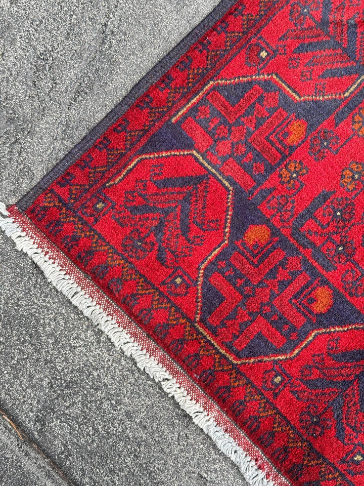 3x4 (91x121) Handmade Afghan Rug | Crimson Scarlet Blood Red Midnight Blue Cream Orange White | Wool Khal Mohammadi Traditional