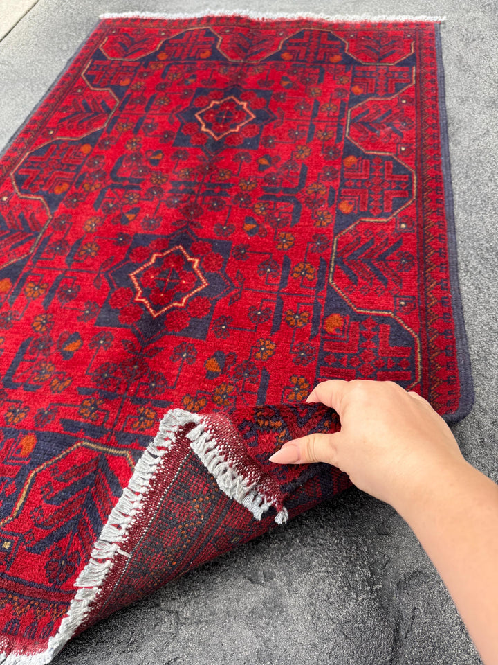 3x4 (91x121) Handmade Afghan Rug | Crimson Scarlet Blood Red Midnight Blue Cream Orange White | Wool Khal Mohammadi Traditional