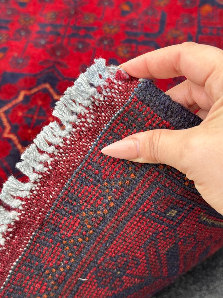 3x4 (91x121) Handmade Afghan Rug | Crimson Scarlet Blood Red Midnight Blue Cream Orange White | Wool Khal Mohammadi Traditional