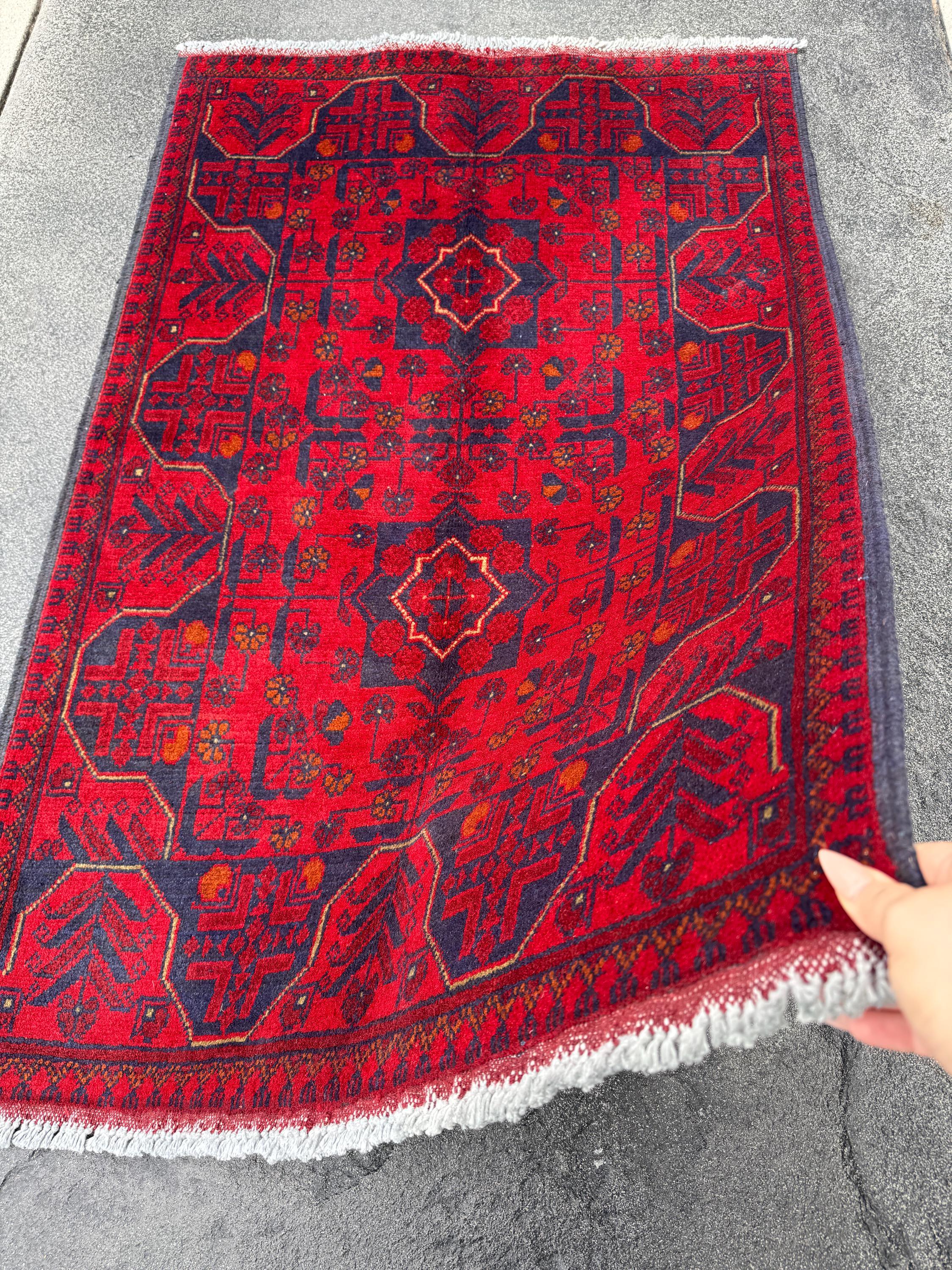 3x4 (91x121) Handmade Afghan Rug | Crimson Scarlet Blood Red Midnight Blue Cream Orange White | Wool Khal Mohammadi Traditional