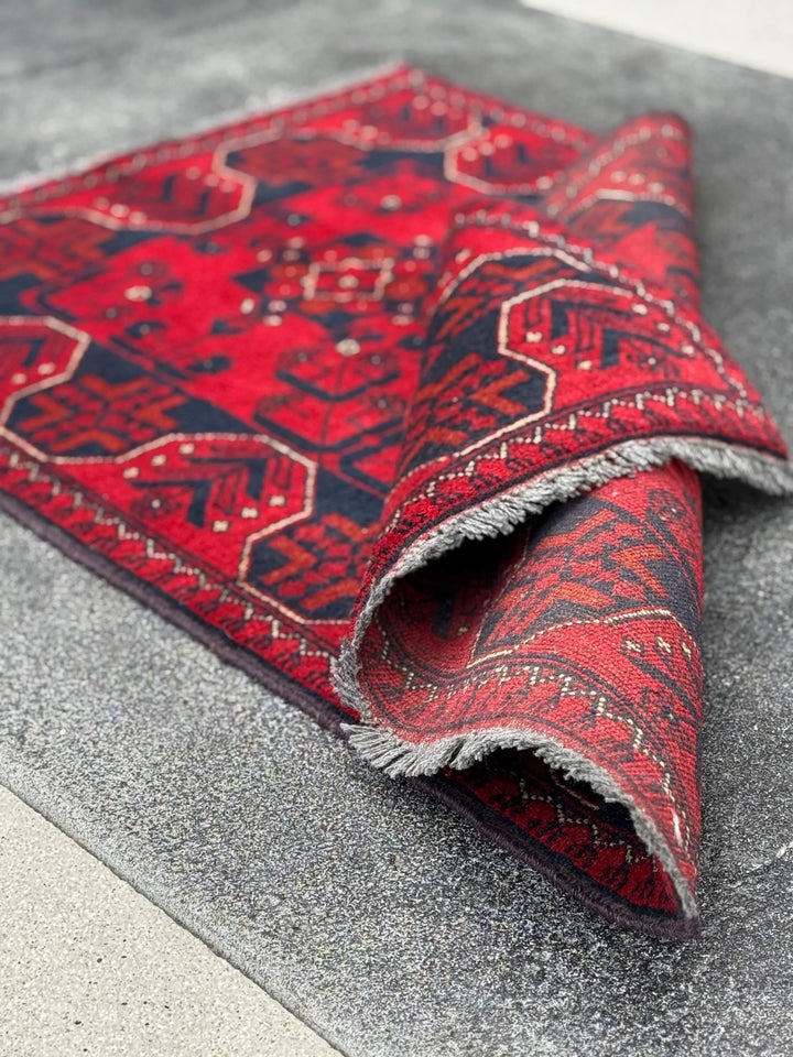 3x4 (91x121) Handmade Afghan Rug | Crimson Scarlet Blood Red Rust Cream White Midnight Blue Black Orange | Wool Khal Mohammadi
