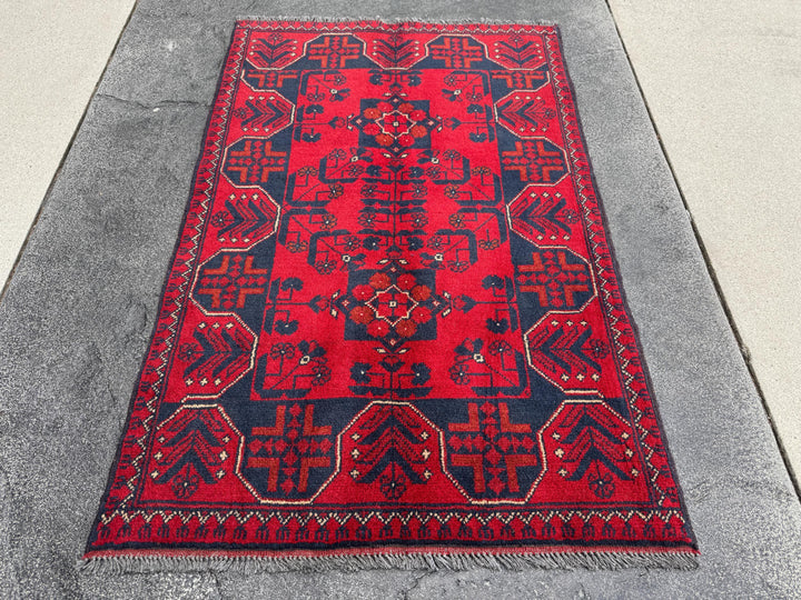 3x4 (91x121) Handmade Afghan Rug | Crimson Scarlet Blood Red Rust Cream White Midnight Blue Black Orange | Wool Khal Mohammadi