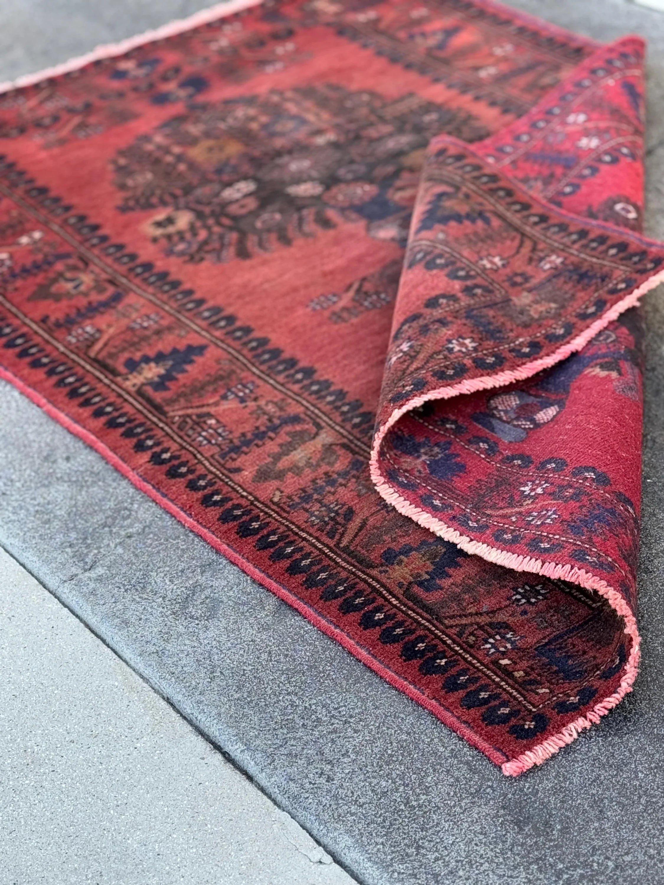 3x4 (91x121) Handmade Afghan Vintage Baluch Rug | Brick Red Black Midnight Navy Blue Caramel Brown Cream Grey Brown Taupe | Wool Traditional