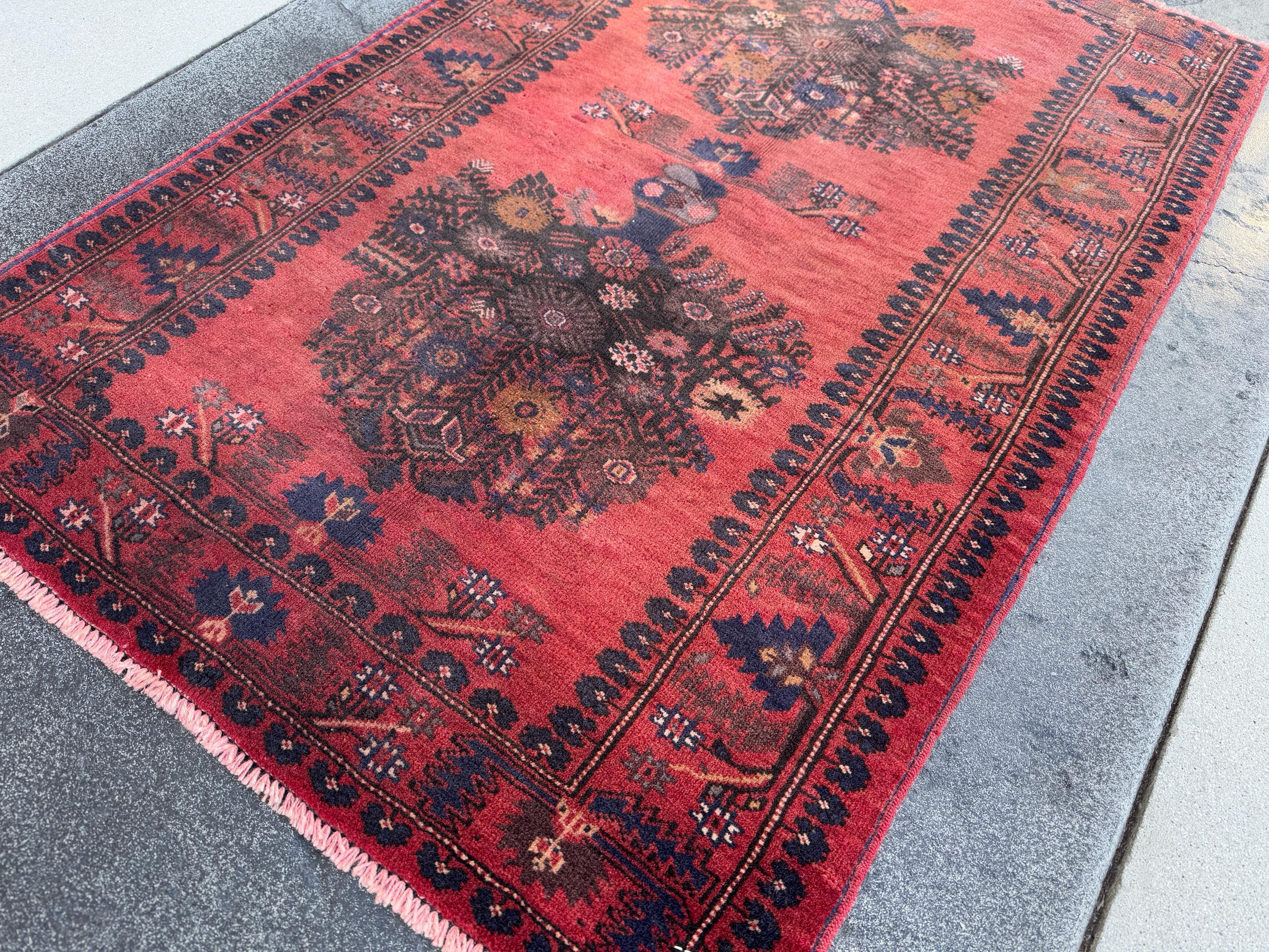 3x4 (91x121) Handmade Afghan Vintage Baluch Rug | Brick Red Black Midnight Navy Blue Caramel Brown Cream Grey Brown Taupe | Wool Traditional