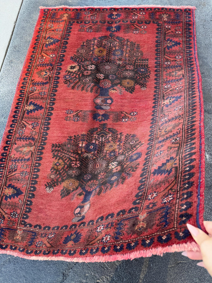 3x4 (91x121) Handmade Afghan Vintage Baluch Rug | Brick Red Black Midnight Navy Blue Caramel Brown Cream Grey Brown Taupe | Wool Traditional
