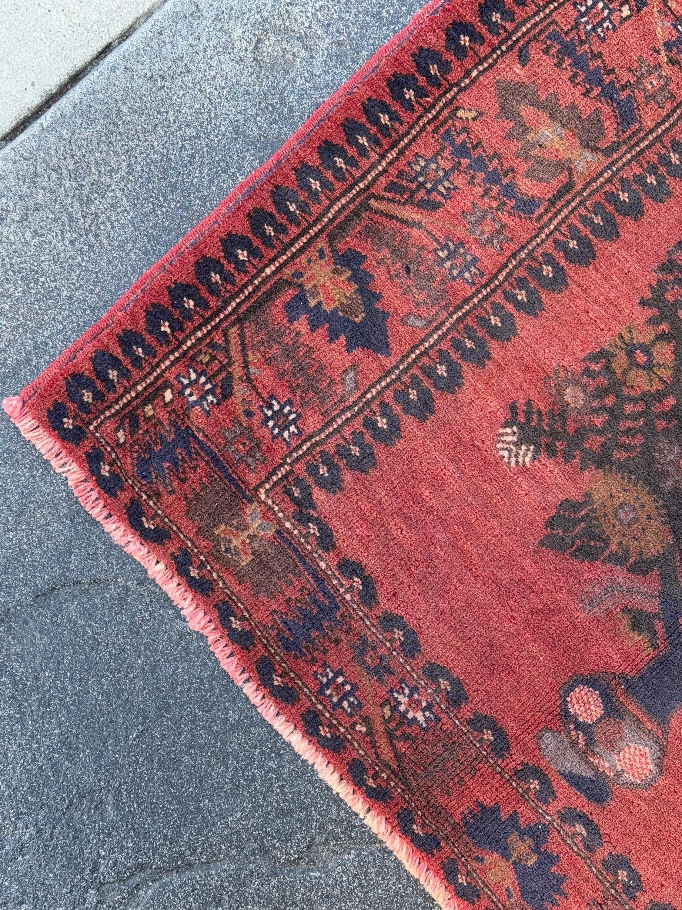 3x4 (91x121) Handmade Afghan Vintage Baluch Rug | Brick Red Black Midnight Navy Blue Caramel Brown Cream Grey Brown Taupe | Wool Traditional