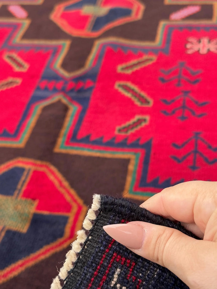 3x4 (91x121) Handmade Afghan Vintage Baluch Rug Scarlet Crimson Red Chocolate Caramel Brown Forest Green Mustard White Cream Navy Denim Blue