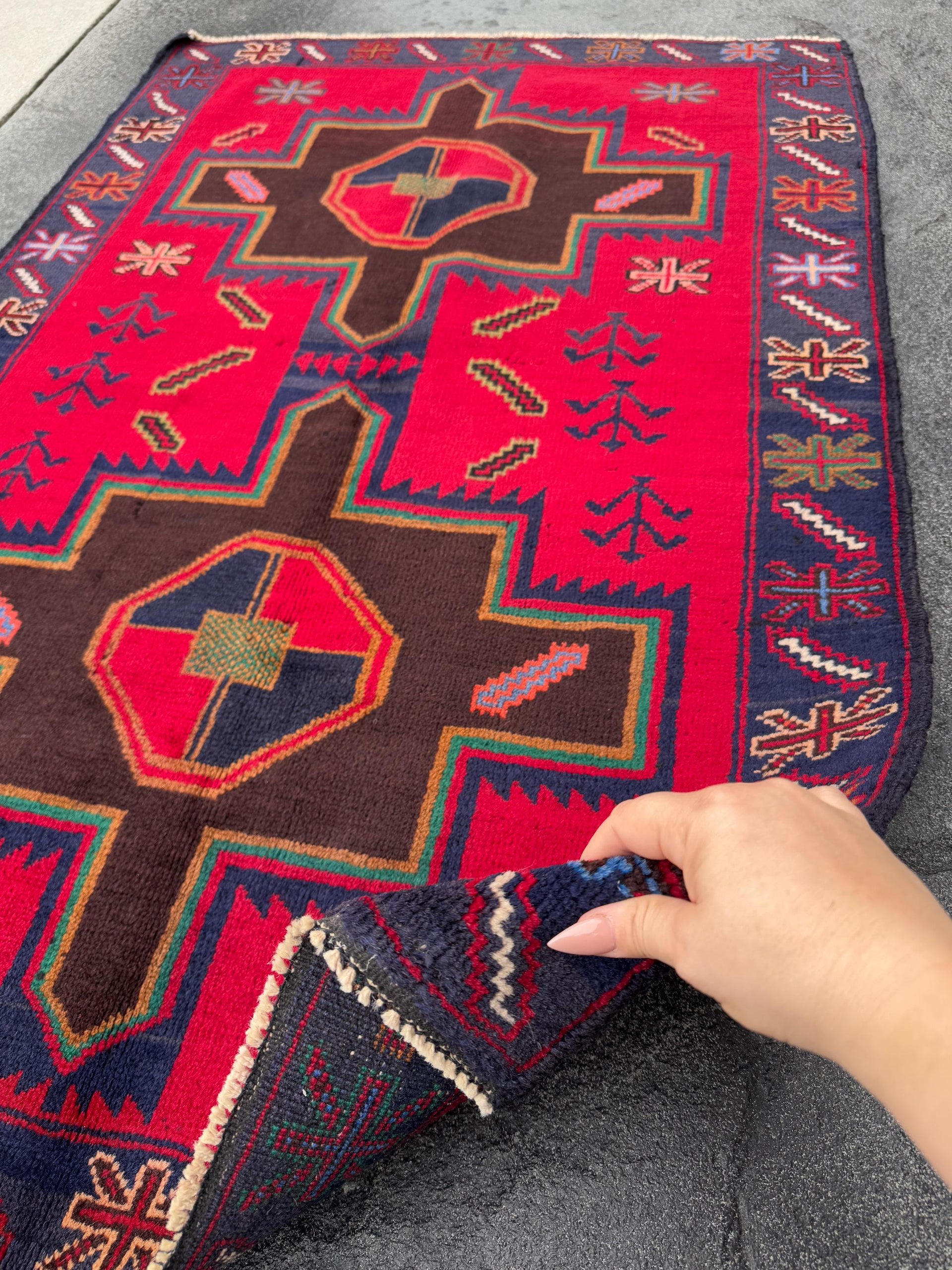 3x4 (91x121) Handmade Afghan Vintage Baluch Rug Scarlet Crimson Red Chocolate Caramel Brown Forest Green Mustard White Cream Navy Denim Blue