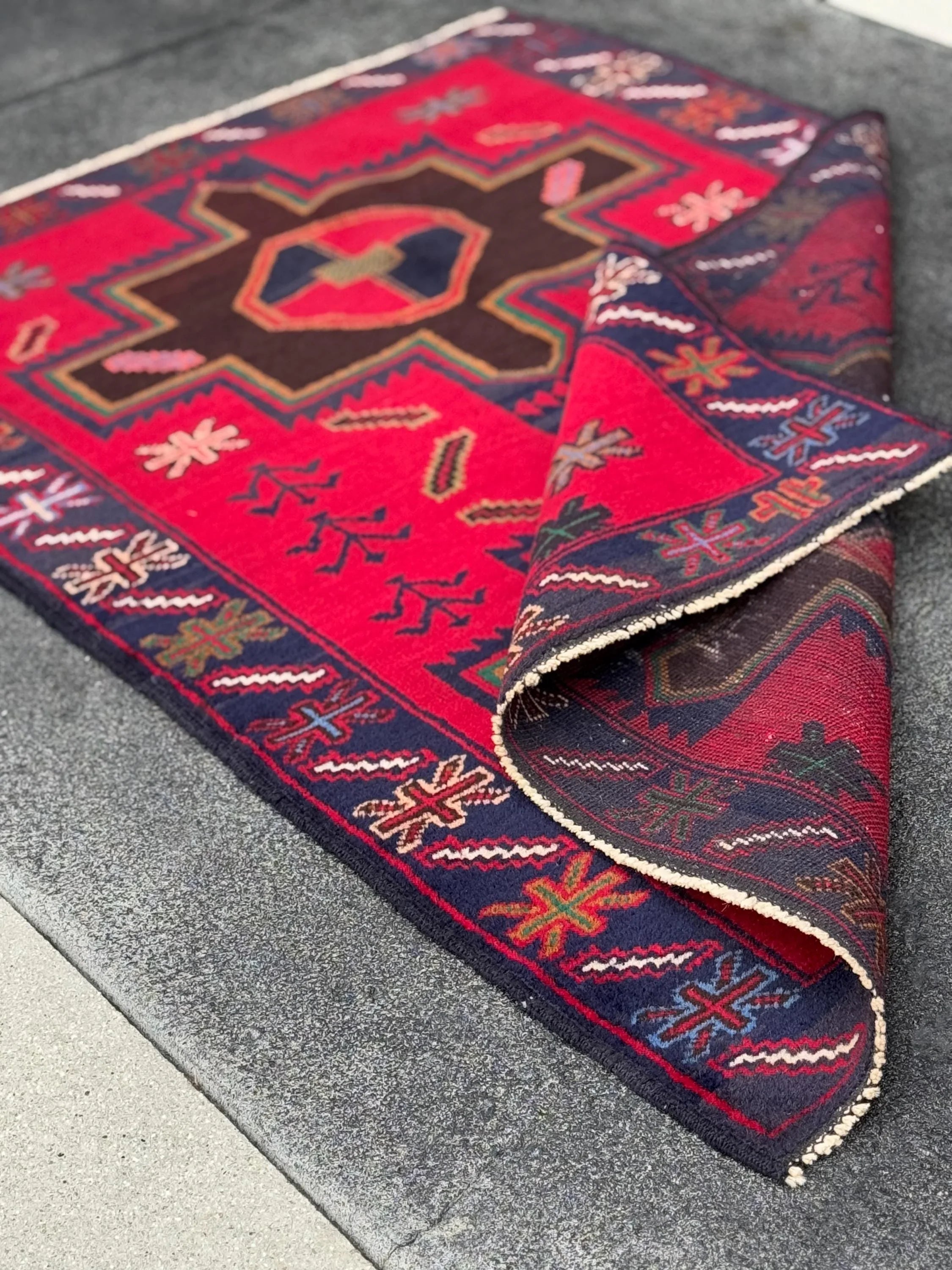 3x4 (91x121) Handmade Afghan Vintage Baluch Rug Scarlet Crimson Red Chocolate Caramel Brown Forest Green Mustard White Cream Navy Denim Blue