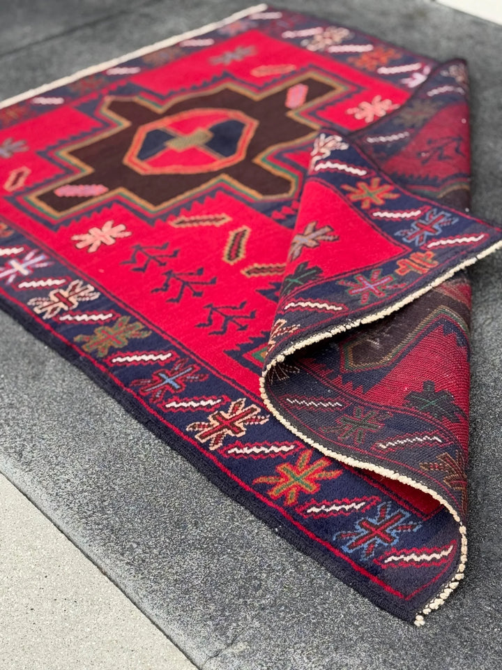 3x4 (91x121) Handmade Afghan Vintage Baluch Rug Scarlet Crimson Red Chocolate Caramel Brown Forest Green Mustard White Cream Navy Denim Blue
