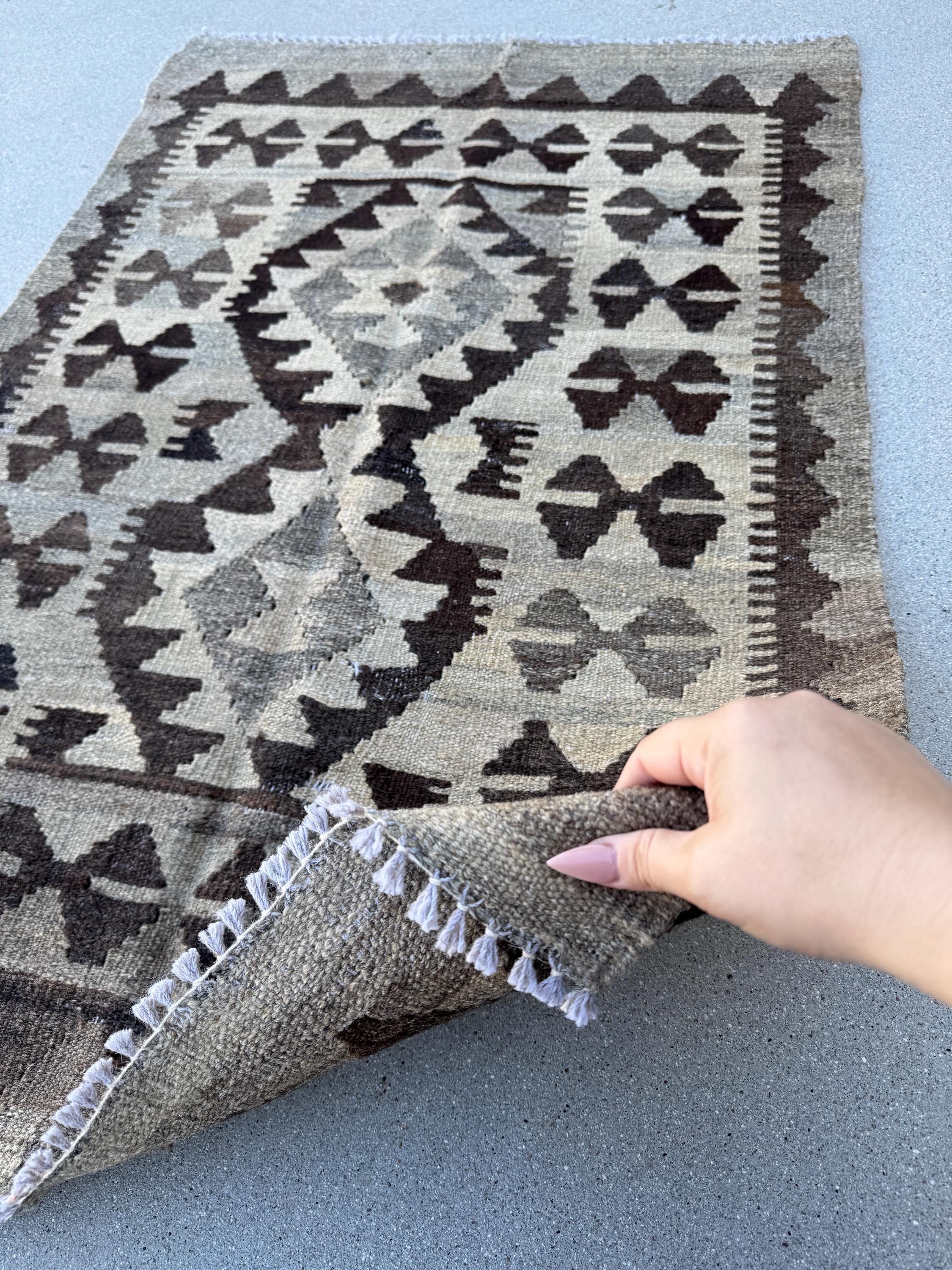 3x4 (91x121) Handmade Afghan Kilim Rug | Grey Gray Charcoal Slate Black Taupe Ivory Cream | Wool Neutral Reversible Flatweave