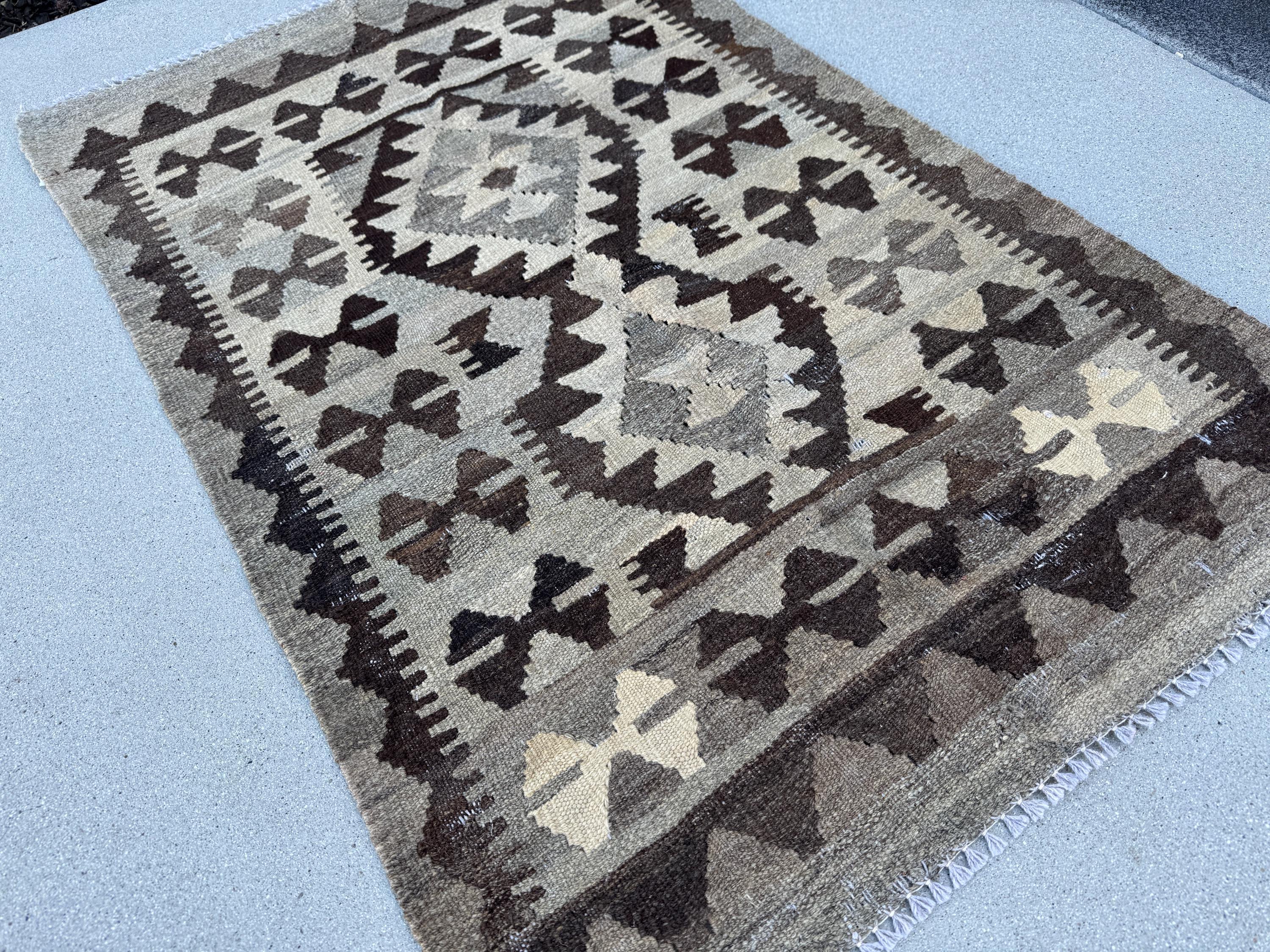 3x4 (91x121) Handmade Afghan Kilim Rug | Grey Gray Charcoal Slate Black Taupe Ivory Cream | Wool Neutral Reversible Flatweave