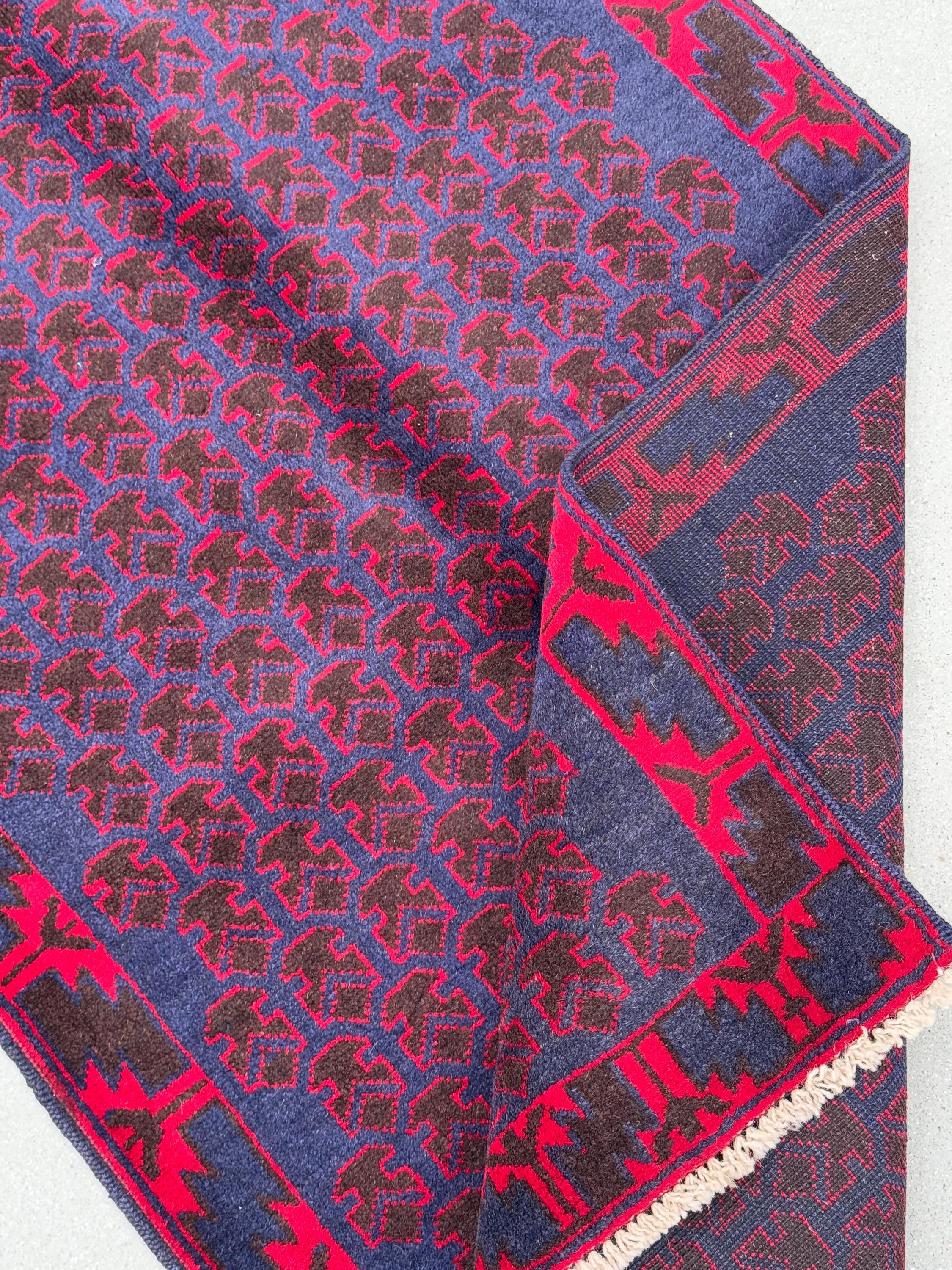 3x4-5 (91x152) Handmade Vintage Afghan Baluch Rug | Midnight Navy Blue Crimson Cherry Red Black | Wool Geometric Turkish Persian HandKnotted