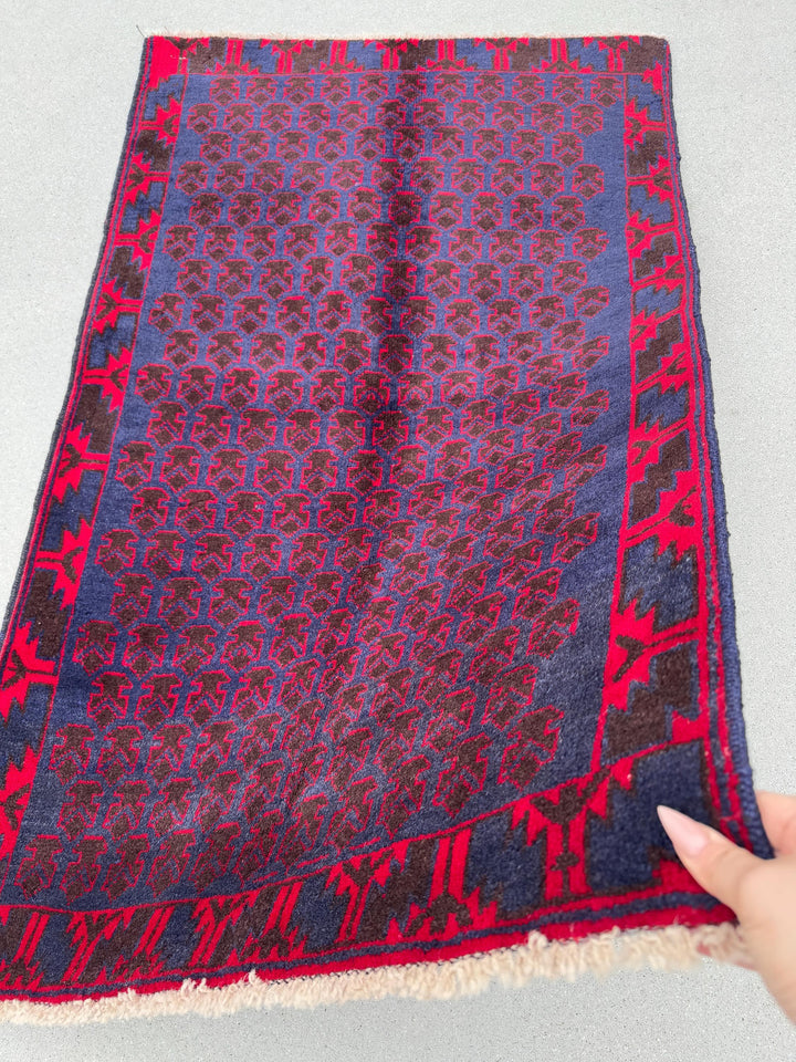 3x4-5 (91x152) Handmade Vintage Afghan Baluch Rug | Midnight Navy Blue Crimson Cherry Red Black | Wool Geometric Turkish Persian HandKnotted
