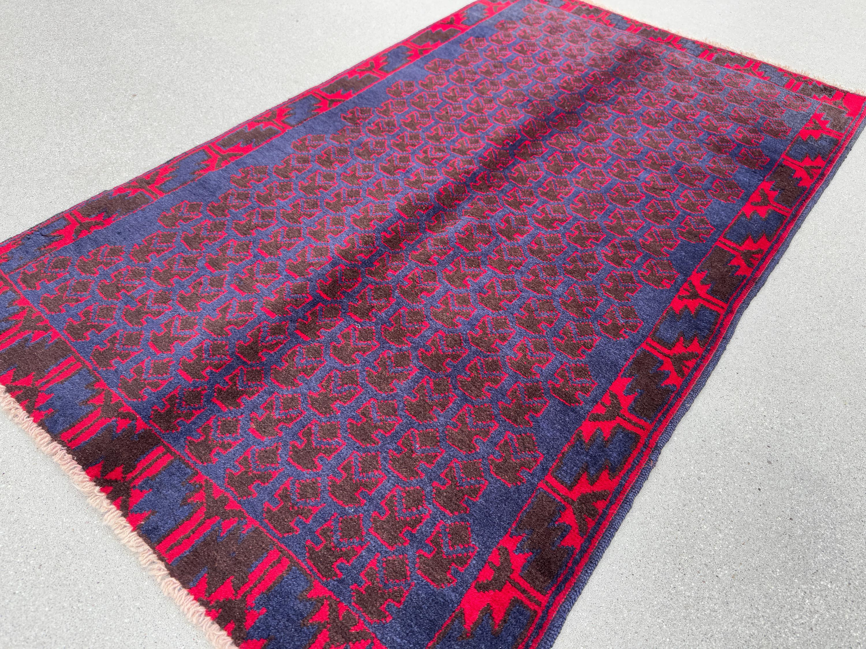 3x4-5 (91x152) Handmade Vintage Afghan Baluch Rug | Midnight Navy Blue Crimson Cherry Red Black | Wool Geometric Turkish Persian HandKnotted