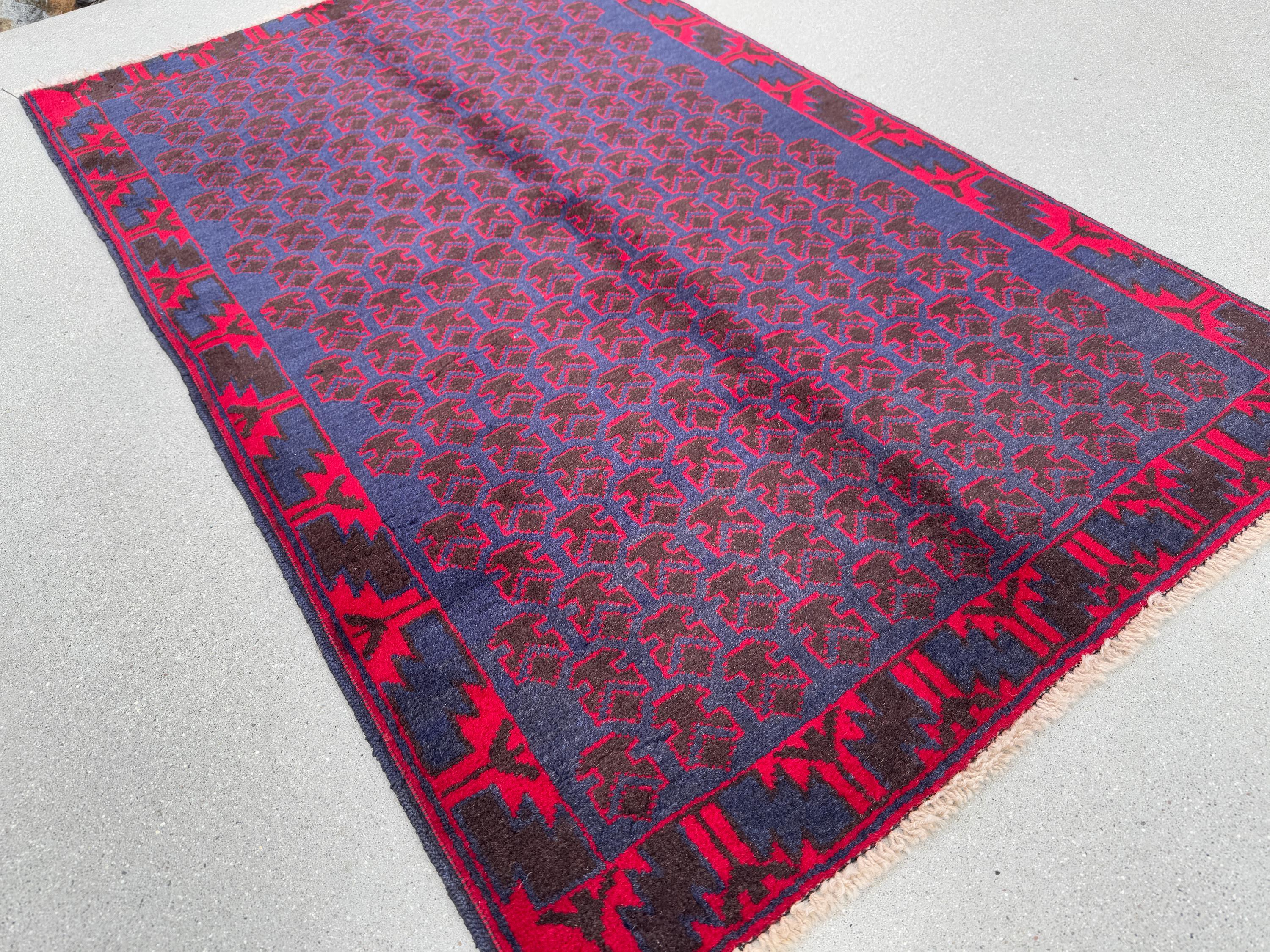 3x4-5 (91x152) Handmade Vintage Afghan Baluch Rug | Midnight Navy Blue Crimson Cherry Red Black | Wool Geometric Turkish Persian HandKnotted