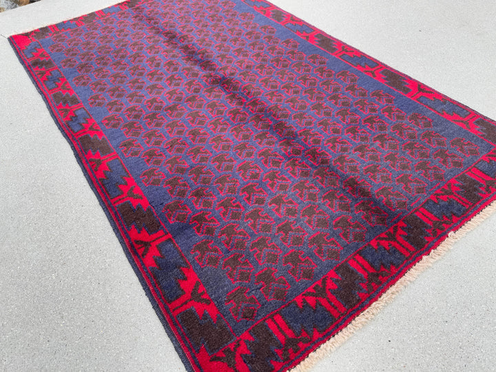 3x4-5 (91x152) Handmade Vintage Afghan Baluch Rug | Midnight Navy Blue Crimson Cherry Red Black | Wool Geometric Turkish Persian HandKnotted