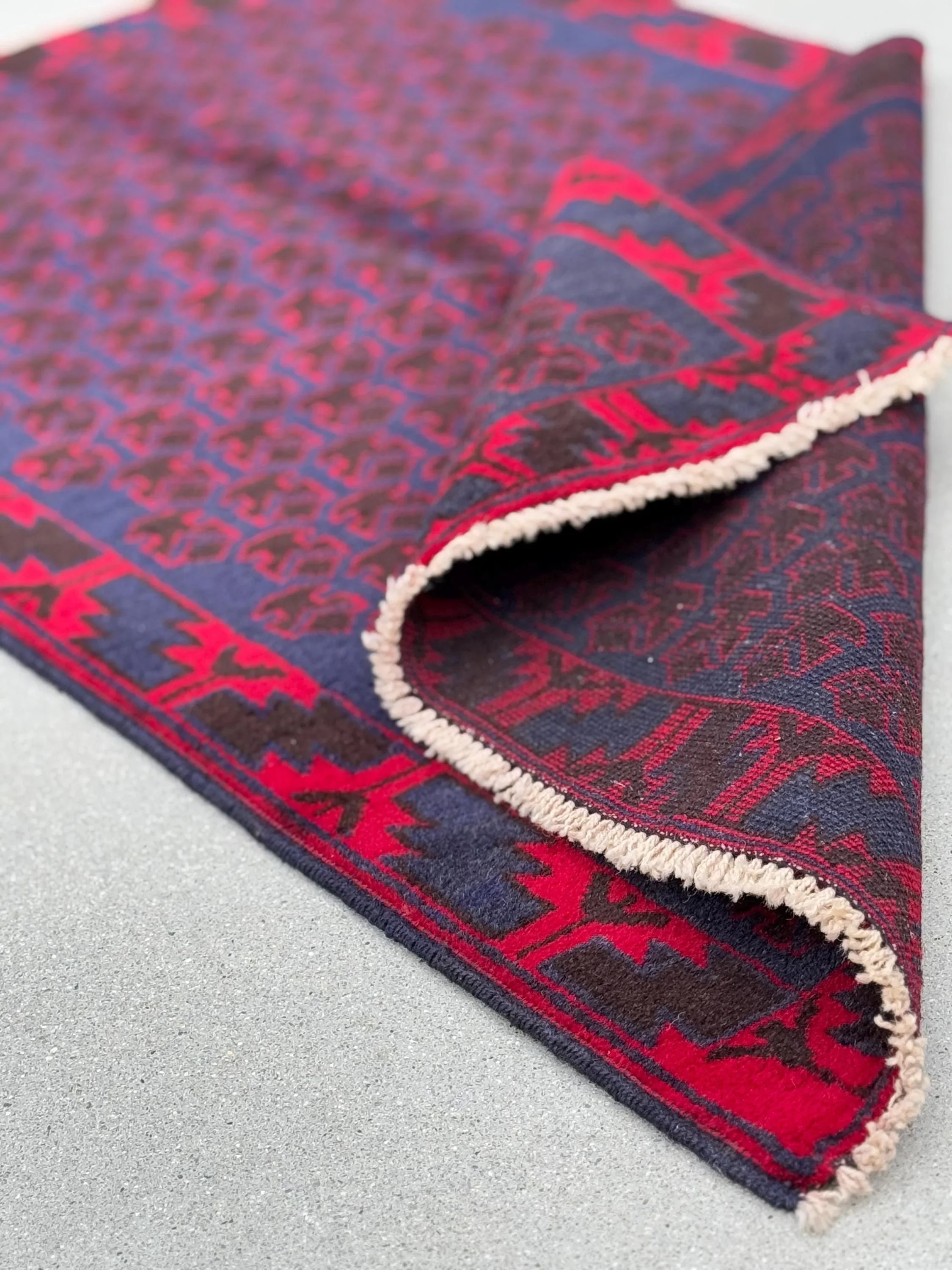 3x4-5 (91x152) Handmade Vintage Afghan Baluch Rug | Midnight Navy Blue Crimson Cherry Red Black | Wool Geometric Turkish Persian HandKnotted