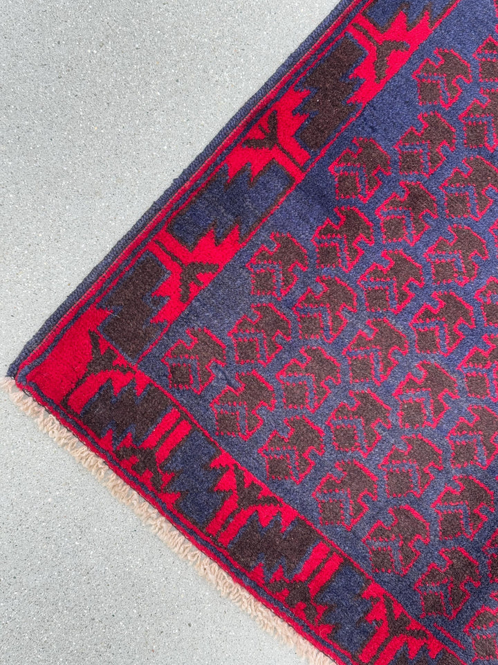 3x4-5 (91x152) Handmade Vintage Afghan Baluch Rug | Midnight Navy Blue Crimson Cherry Red Black | Wool Geometric Turkish Persian HandKnotted