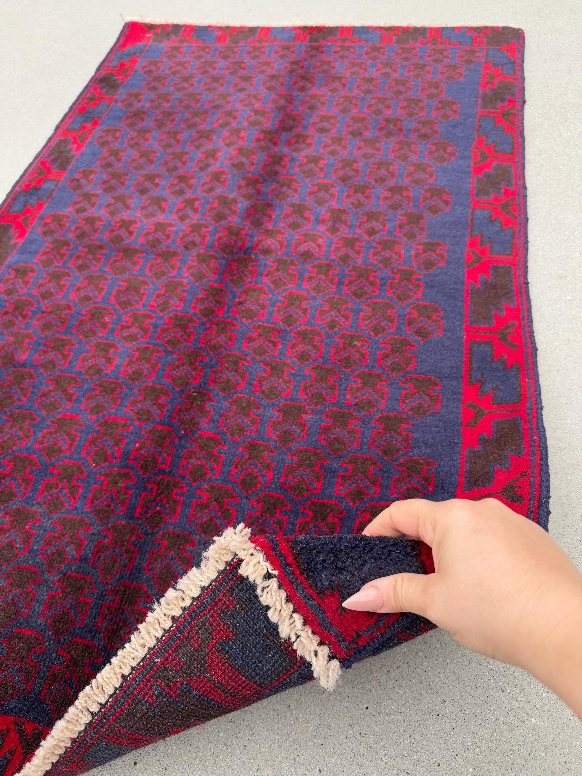3x4-5 (91x152) Handmade Vintage Afghan Baluch Rug | Midnight Navy Blue Crimson Cherry Red Black | Wool Geometric Turkish Persian HandKnotted