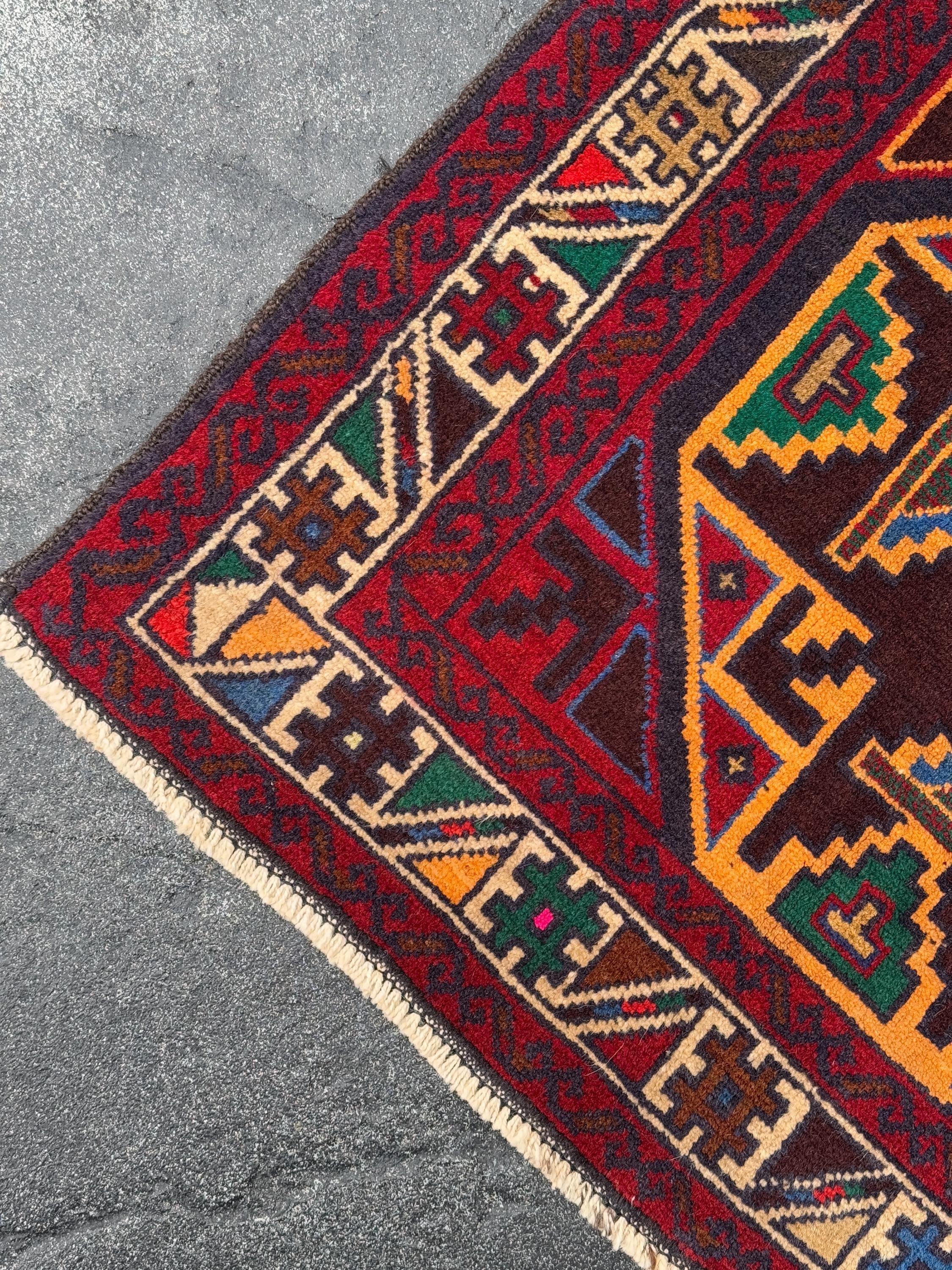 3x4-5 Handmade Vintage Afghan Baluch Rug | Red Crimson Blood Wine Burgundy Cream Gold Mustard Yellow Orange Forest Green Blue Tan Brown